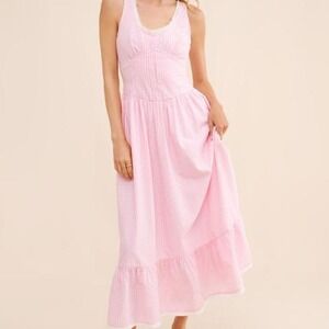 LoveShackFancy Santelle Midi Dress Women's Size 2 Pink White Gingham Lace Cute